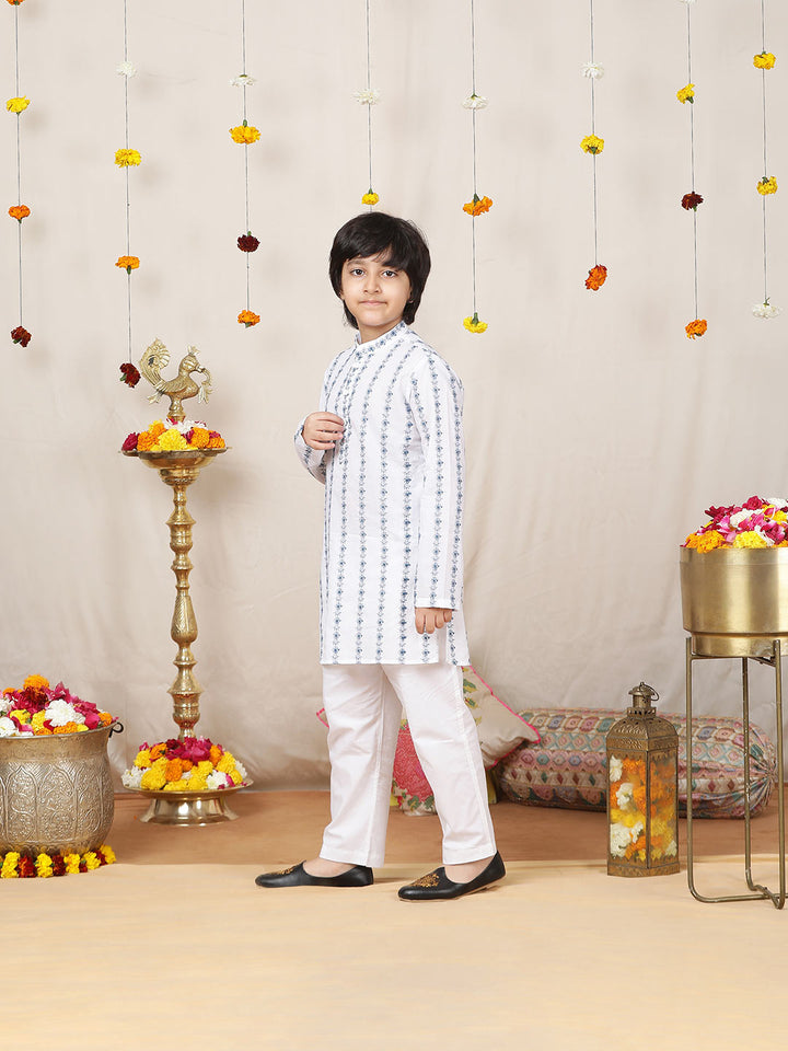 Boy's White & Blue Embroidered Pure Cotton Straight Kurta