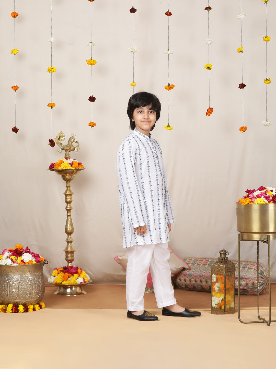 Boy's White & Blue Embroidered Pure Cotton Straight Kurta