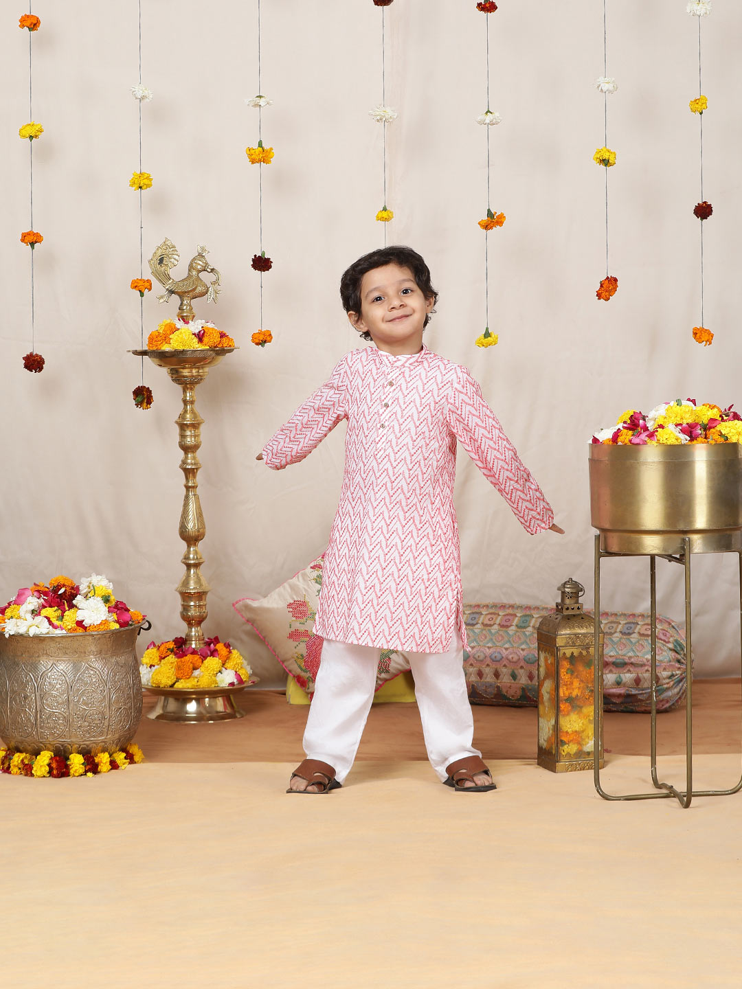 Boy's White & Red Embroidered Pure Cotton Straight Kurta