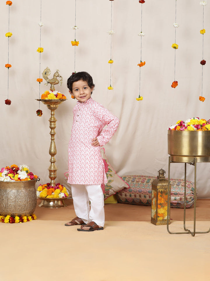 Boy's White & Red Embroidered Pure Cotton Straight Kurta