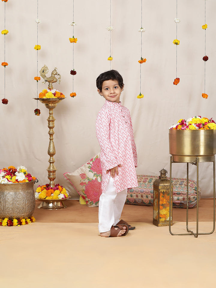 Boy's White & Red Embroidered Pure Cotton Straight Kurta