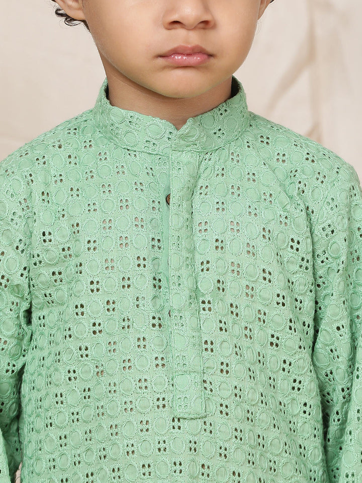 Boy's Green Embroidered Pure Cotton Straight Kurta