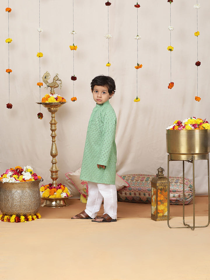 Boy's Green Embroidered Pure Cotton Straight Kurta