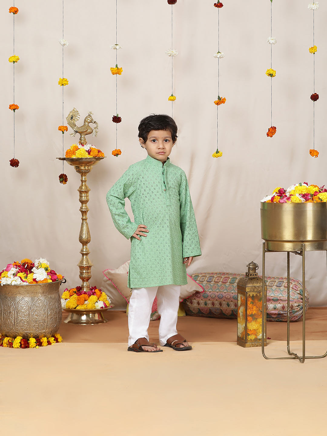 Boy's Green Embroidered Pure Cotton Straight Kurta