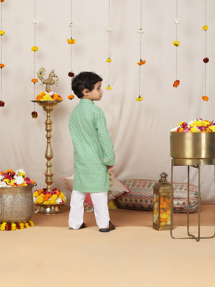 Boy's Green Embroidered Pure Cotton Straight Kurta