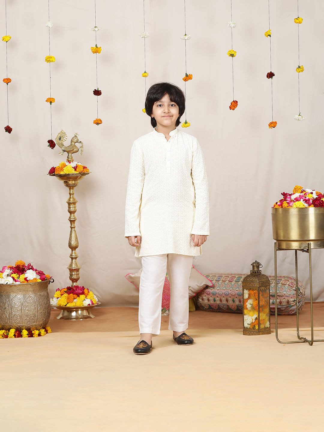 Boy's Cream Chikankari Embroidered Rayon Straight Kurta