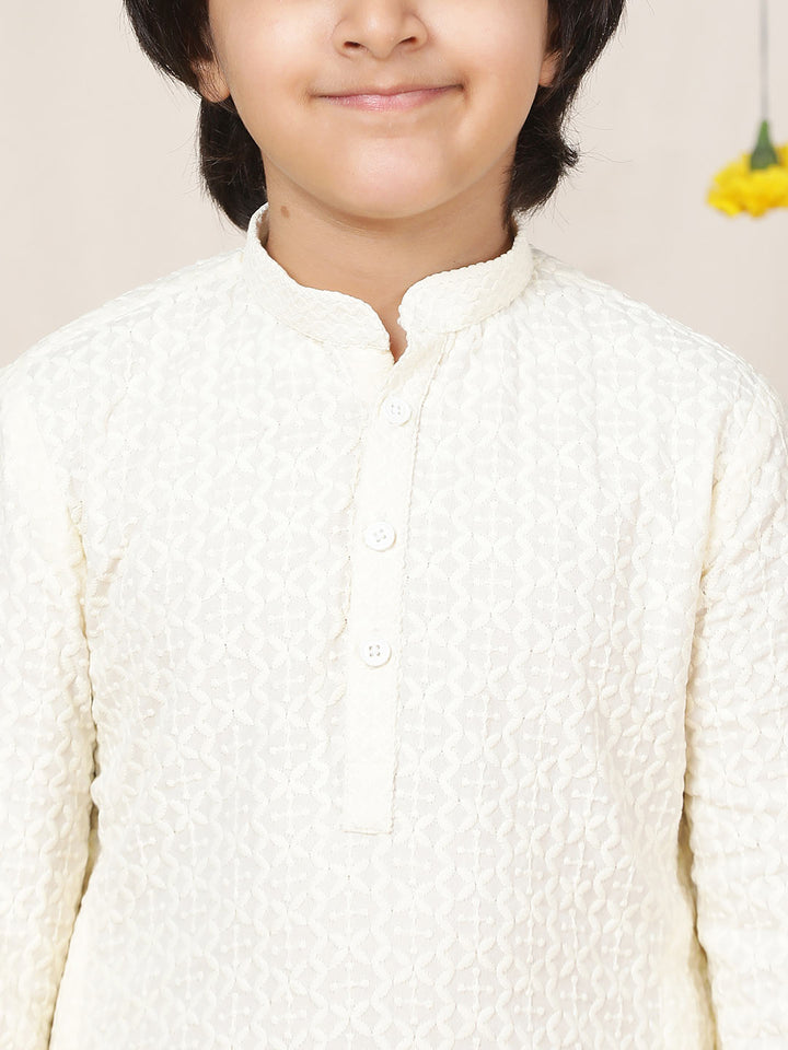 Boy's Cream Chikankari Embroidered Rayon Straight Kurta