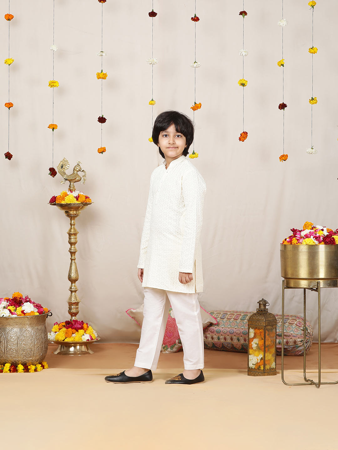 Boy's Cream Chikankari Embroidered Rayon Straight Kurta