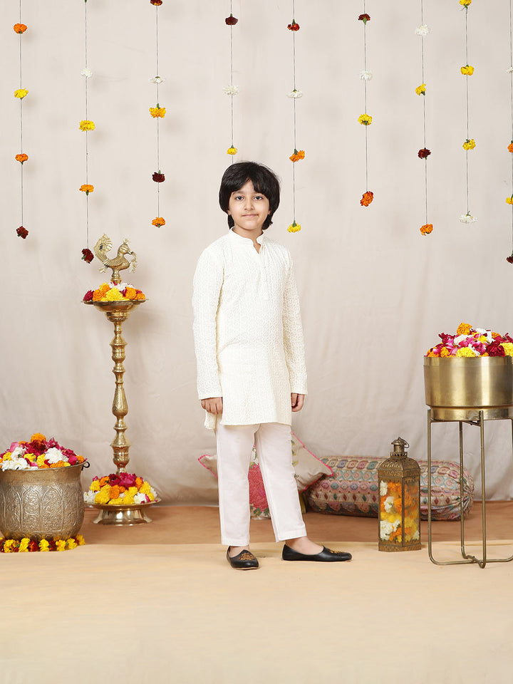 Boy's Cream Chikankari Embroidered Rayon Straight Kurta