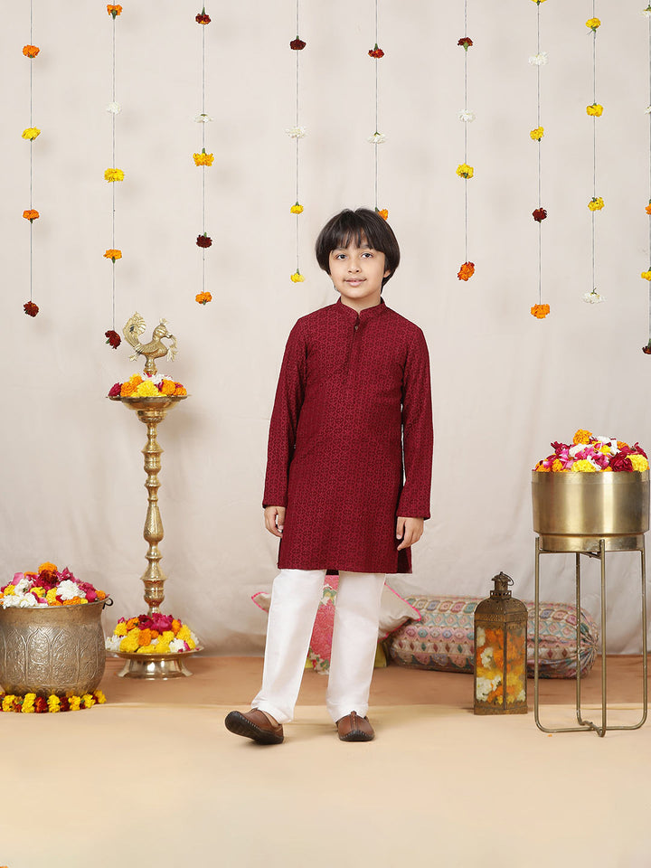 Boy's Maroon Chikankari Embroidered Rayon Straight Kurta