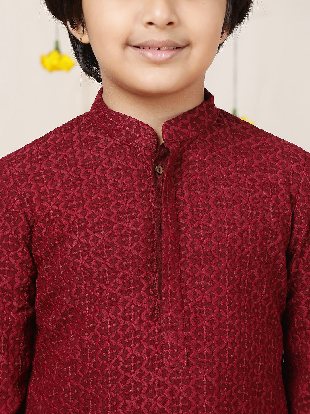 Boy's Maroon Chikankari Embroidered Rayon Straight Kurta