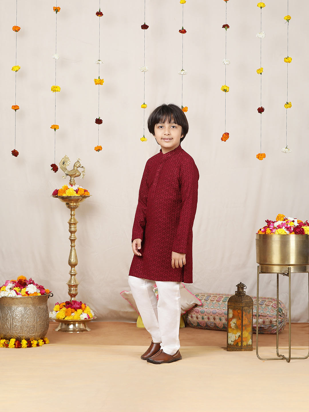 Boy's Maroon Chikankari Embroidered Rayon Straight Kurta