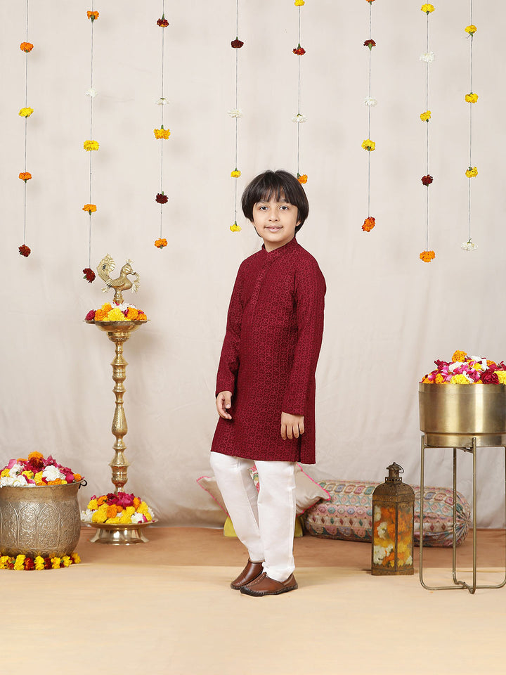 Boy's Maroon Chikankari Embroidered Rayon Straight Kurta