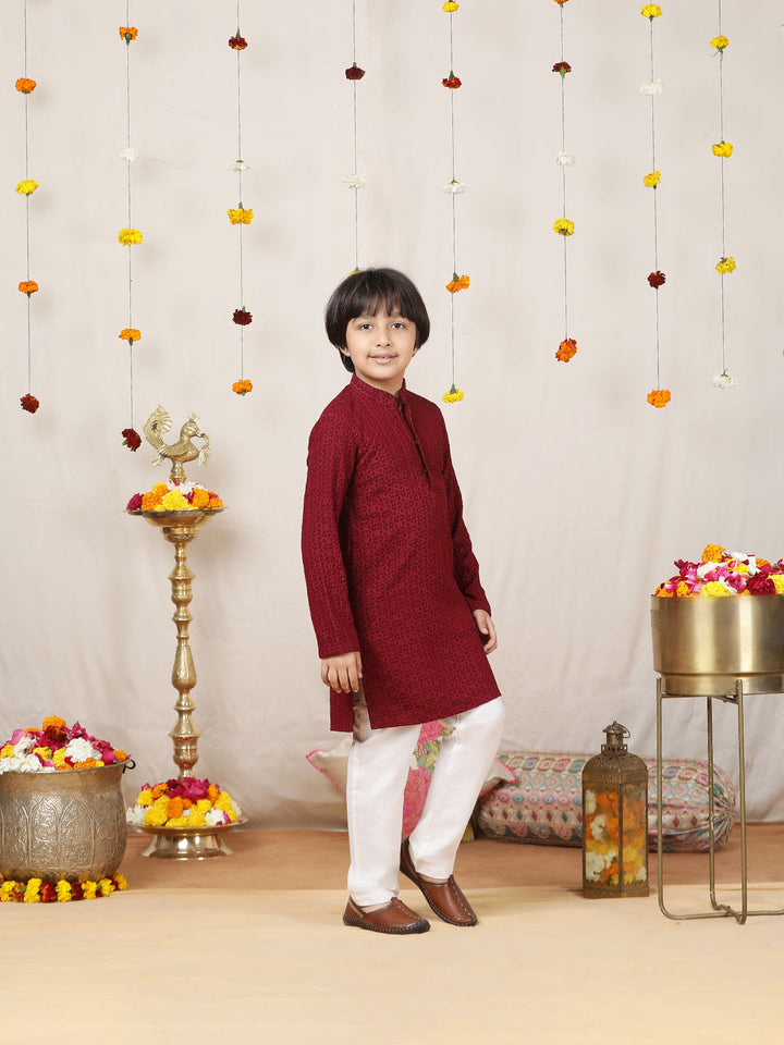 Boy's Maroon Chikankari Embroidered Rayon Straight Kurta