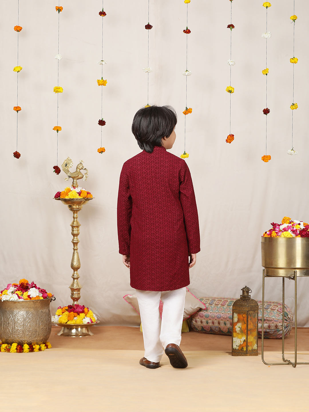 Boy's Maroon Chikankari Embroidered Rayon Straight Kurta