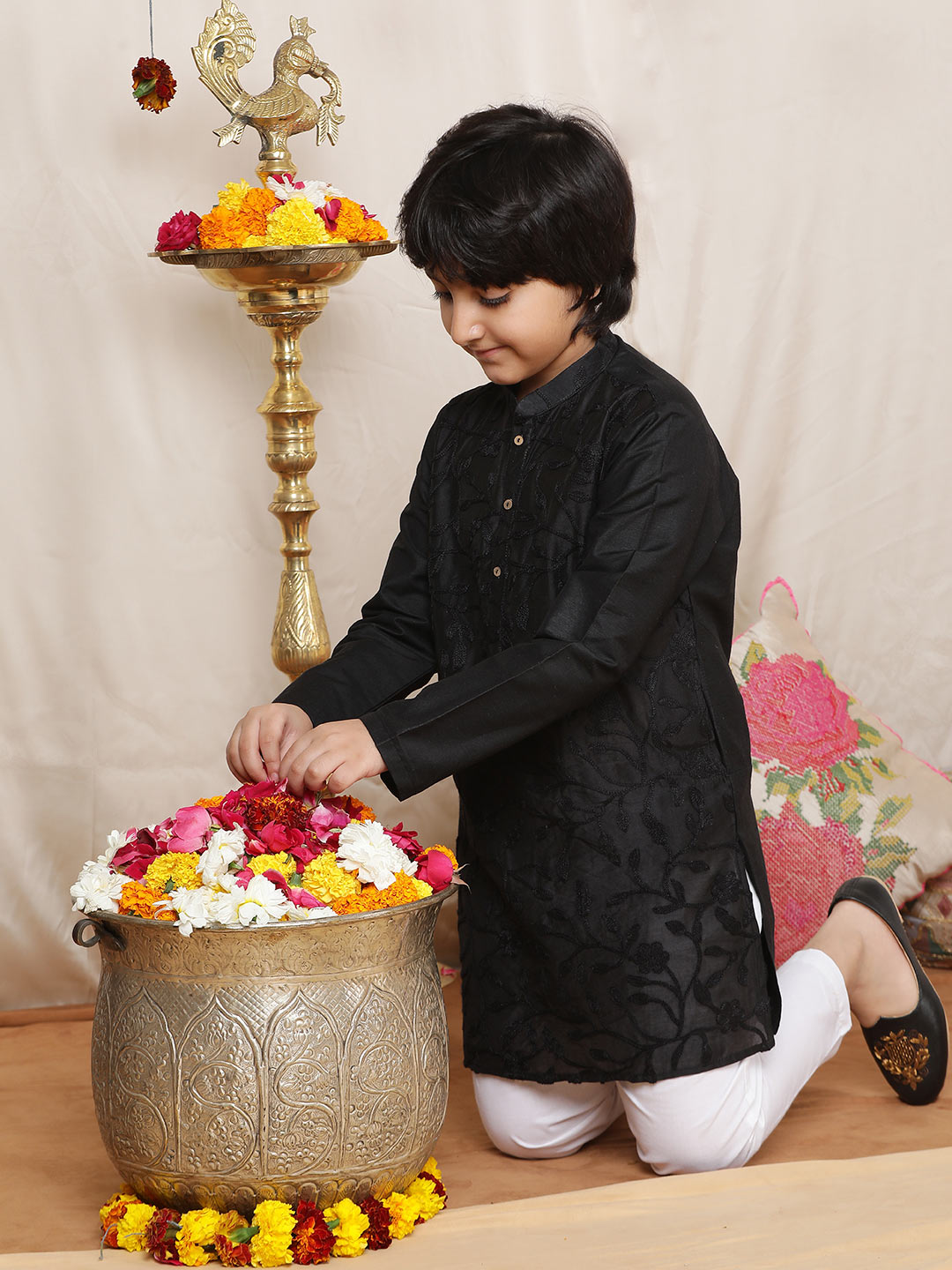 Boy's Black Embroidered Chanderi Silk Straight Kurta