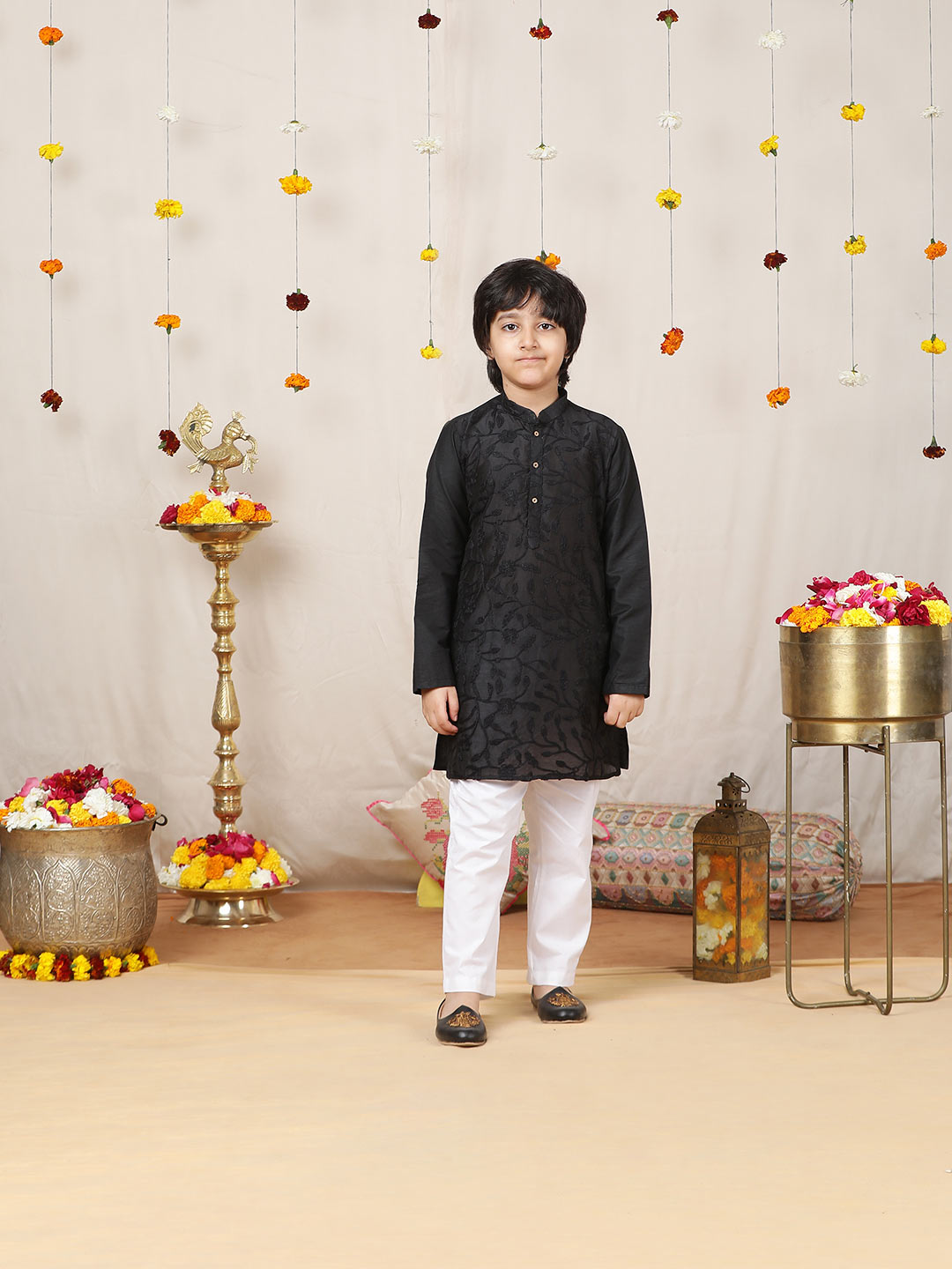 Boy's Black Embroidered Chanderi Silk Straight Kurta