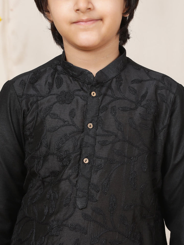 Boy's Black Embroidered Chanderi Silk Straight Kurta