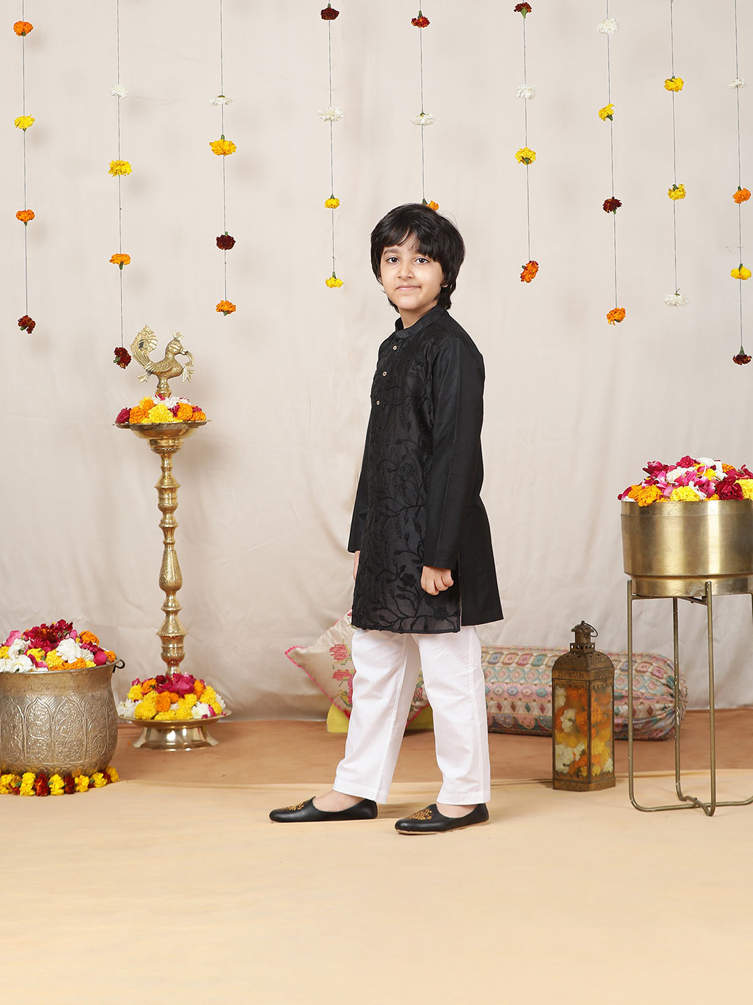 Boy's Black Embroidered Chanderi Silk Straight Kurta