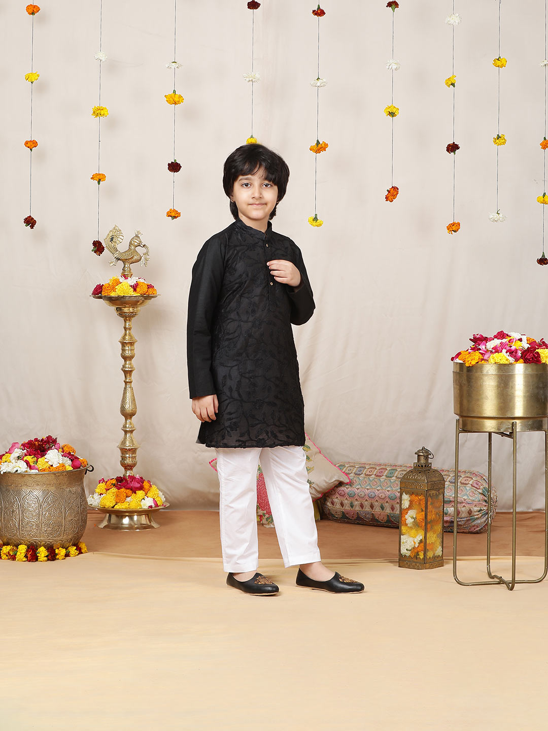 Boy's Black Embroidered Chanderi Silk Straight Kurta