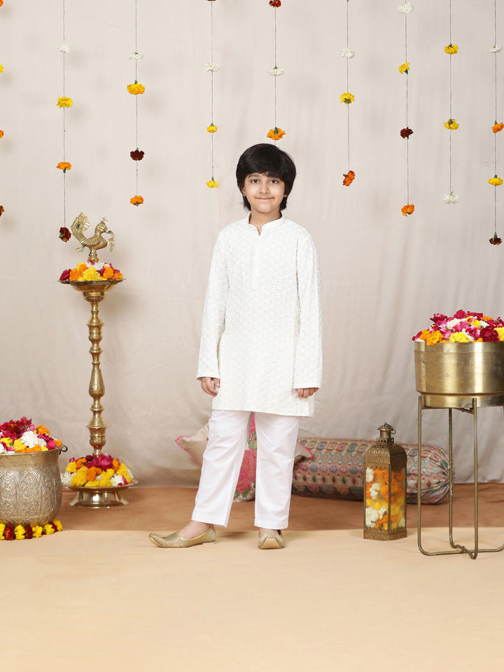 Boy's Off-White Sequinned Embroidered Rayon Straight Kurta with Pyjama