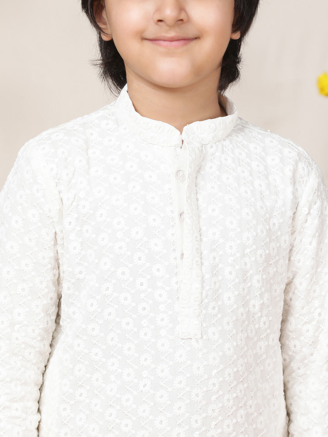 Boy's Off-White Sequinned Embroidered Rayon Straight Kurta with Pyjama