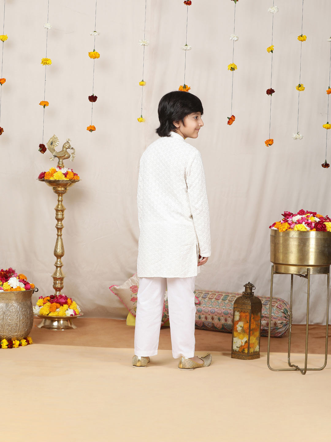 Boy's Off-White Sequinned Embroidered Rayon Straight Kurta with Pyjama