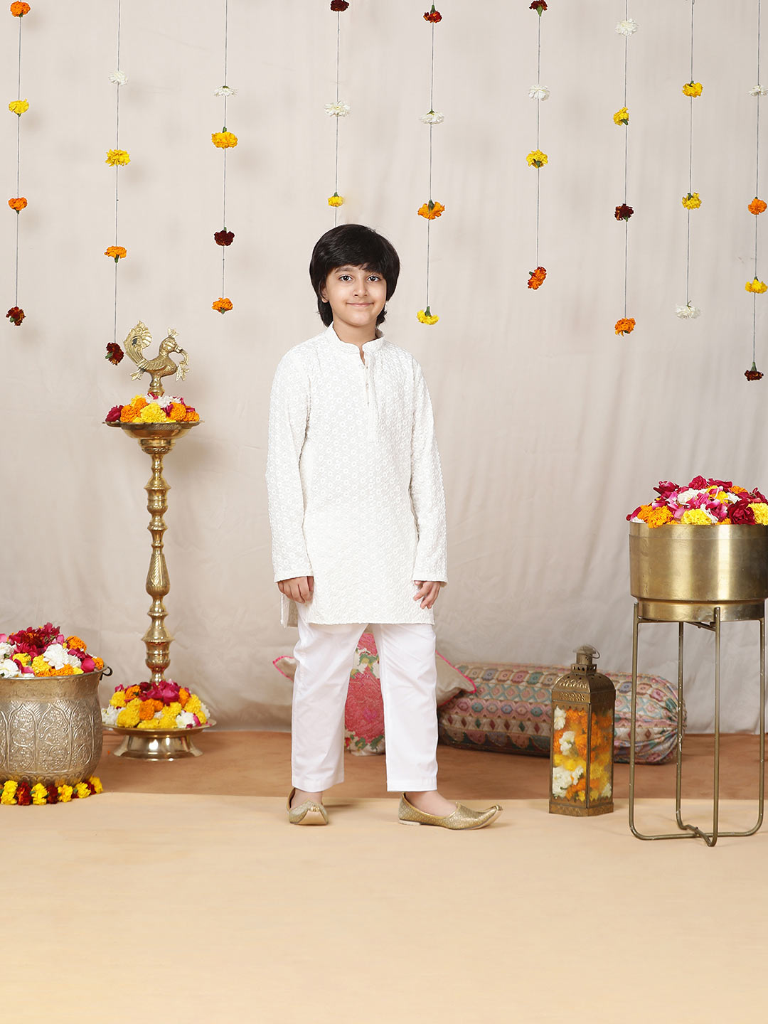 Boy's Off-White Sequinned Embroidered Rayon Straight Kurta