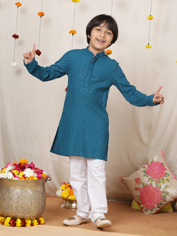 Boy's Blue Sequinned Embroidered Rayon Straight Kurta