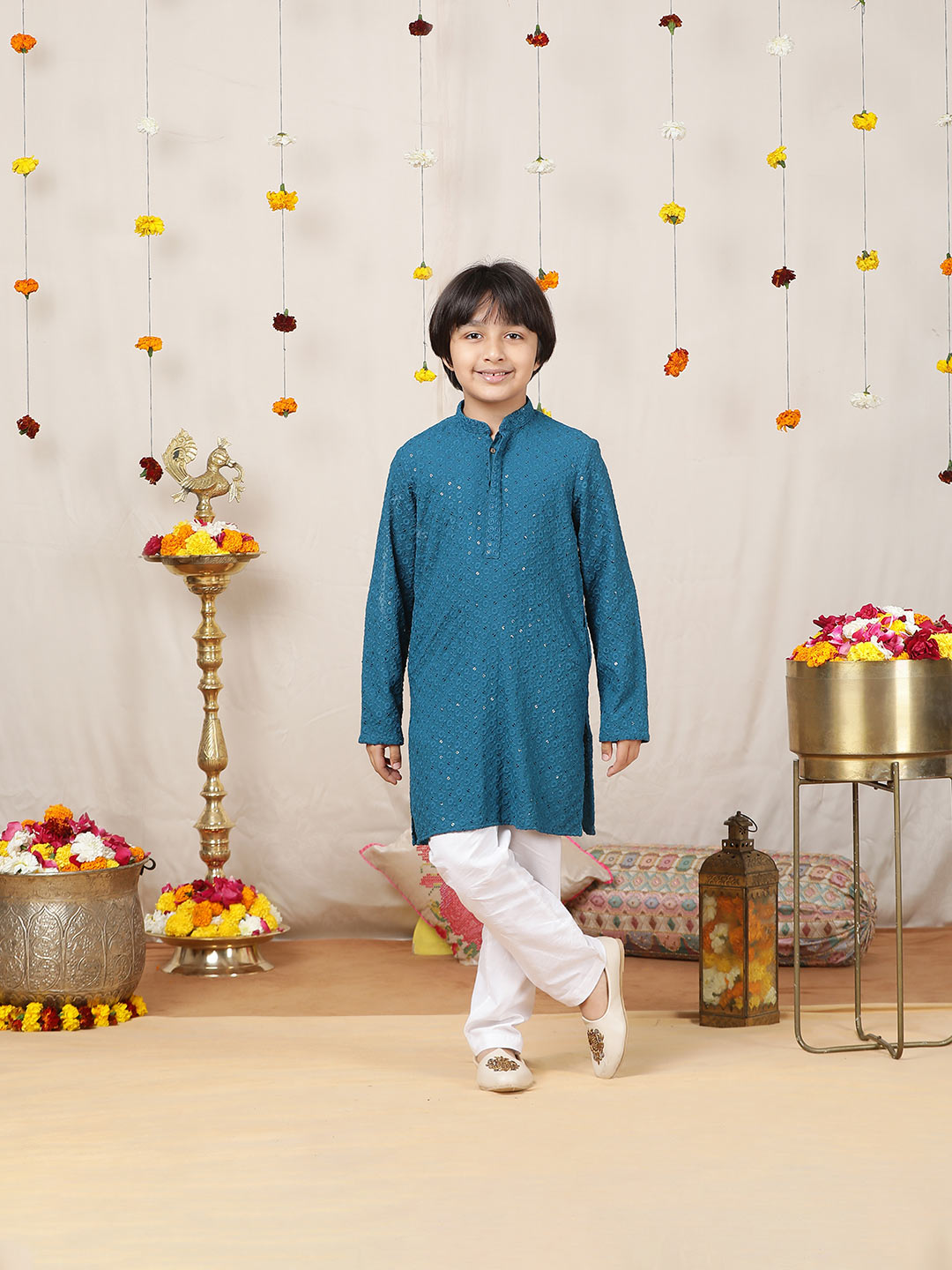 Boy's Blue Sequinned Embroidered Rayon Straight Kurta