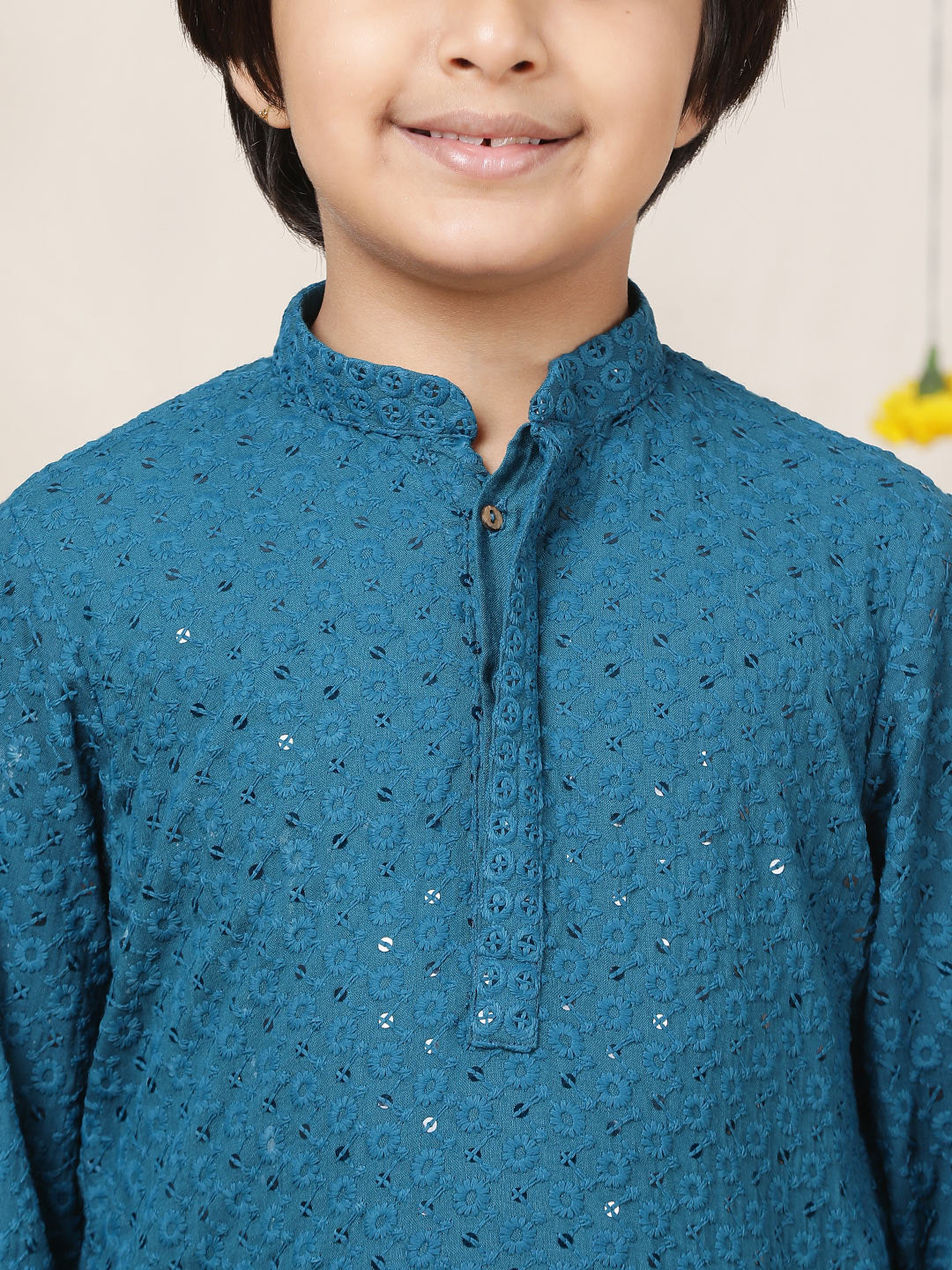 Boy's Blue Sequinned Embroidered Rayon Straight Kurta with Pyjama