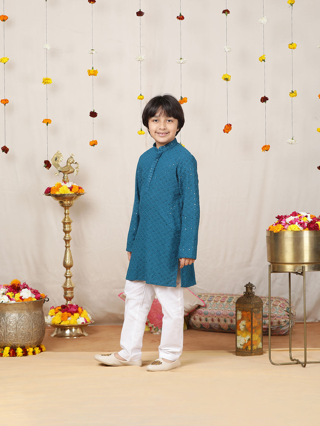 Boy's Blue Sequinned Embroidered Rayon Straight Kurta with Pyjama