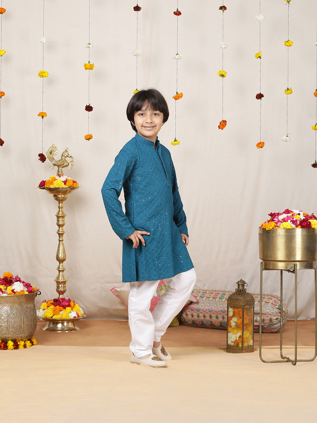 Boy's Blue Sequinned Embroidered Rayon Straight Kurta with Pyjama