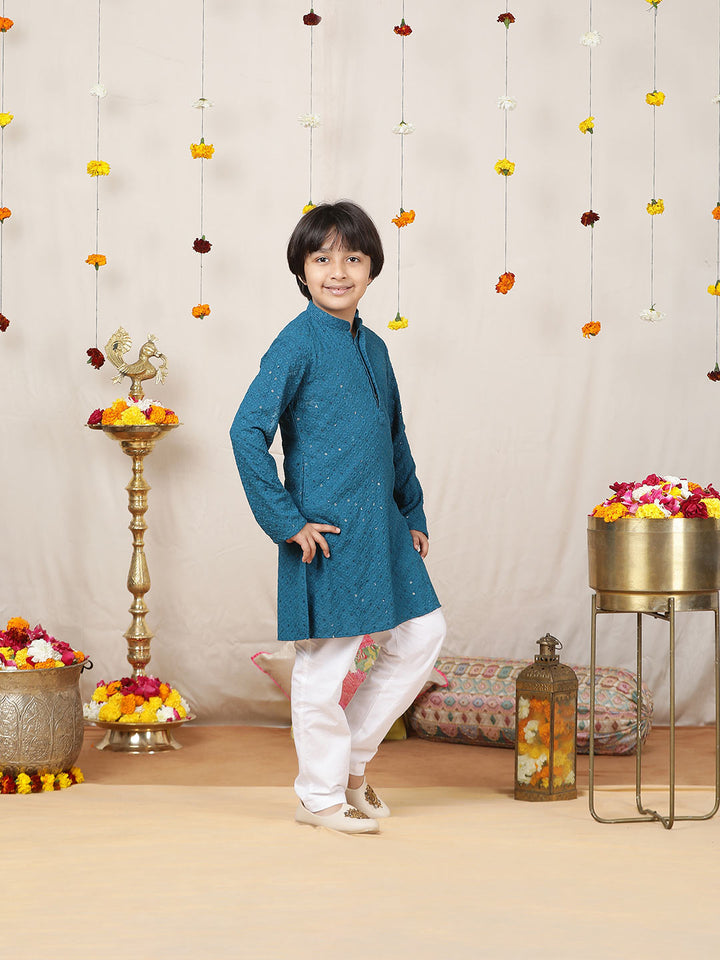 Boy's Blue Sequinned Embroidered Rayon Straight Kurta