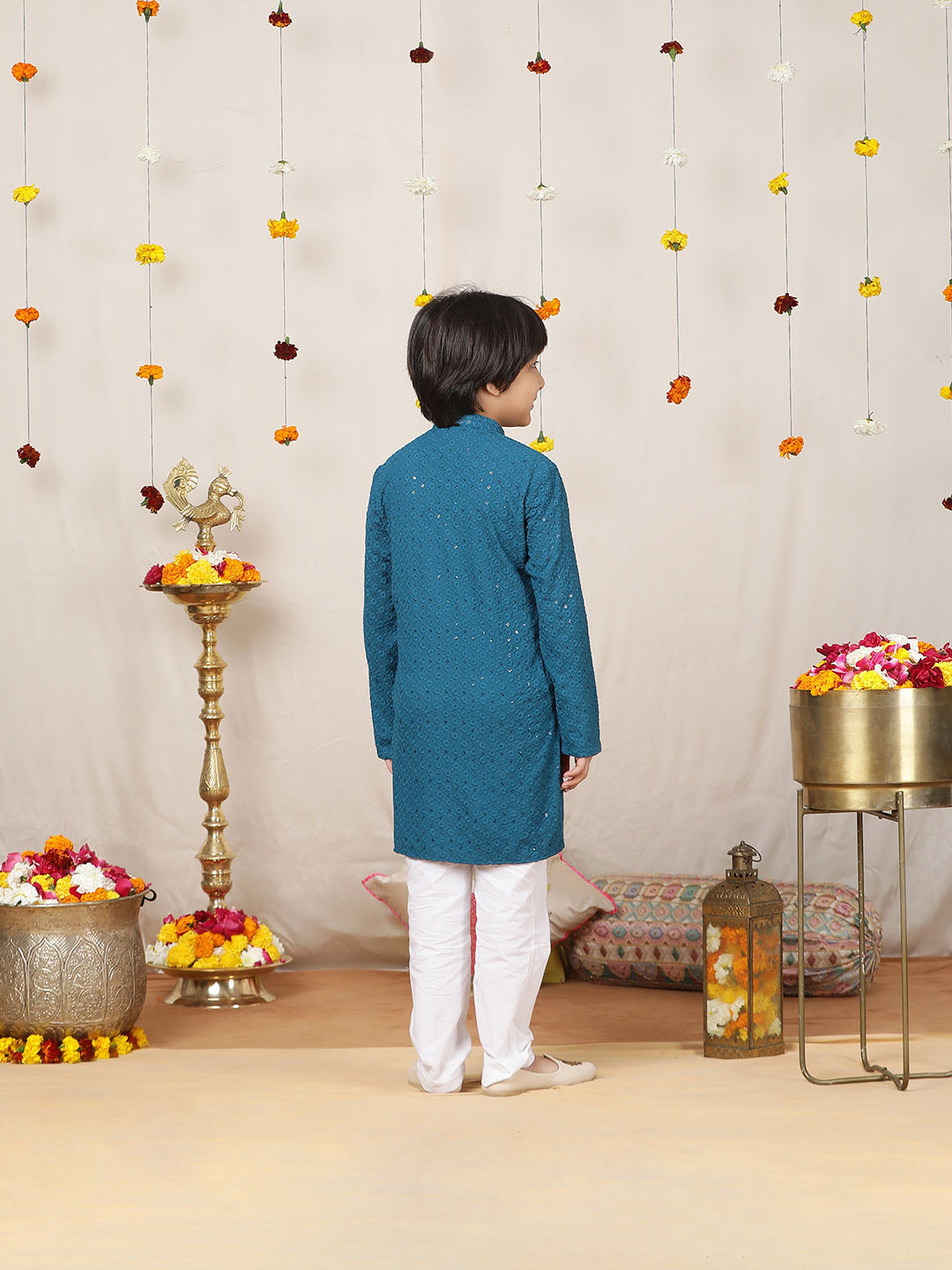 Boy's Blue Sequinned Embroidered Rayon Straight Kurta with Pyjama