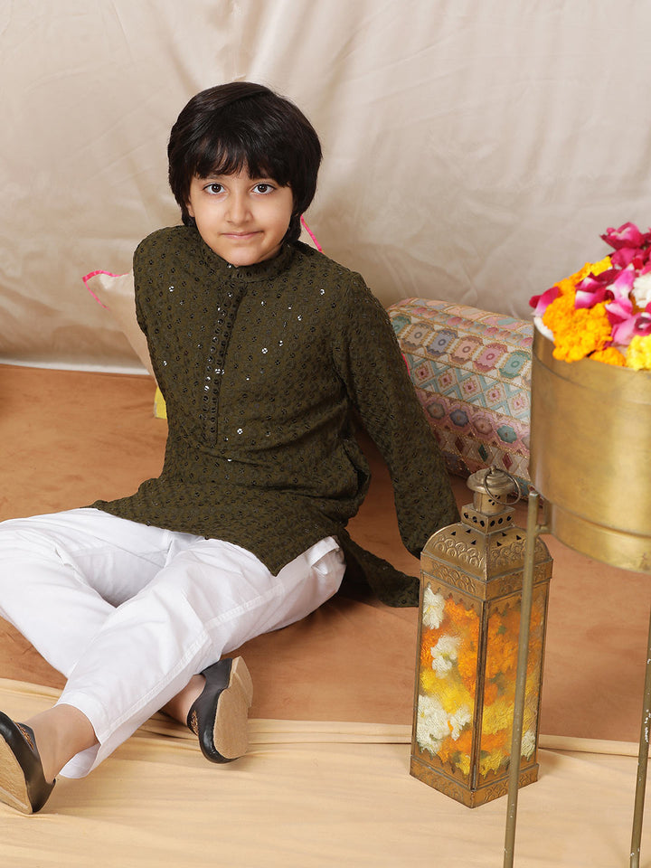 Boy's Olive Sequinned Embroidered Rayon Straight Kurta with Pyjama