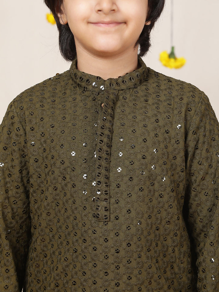 Boy's Olive Sequinned Embroidered Rayon Straight Kurta with Pyjama