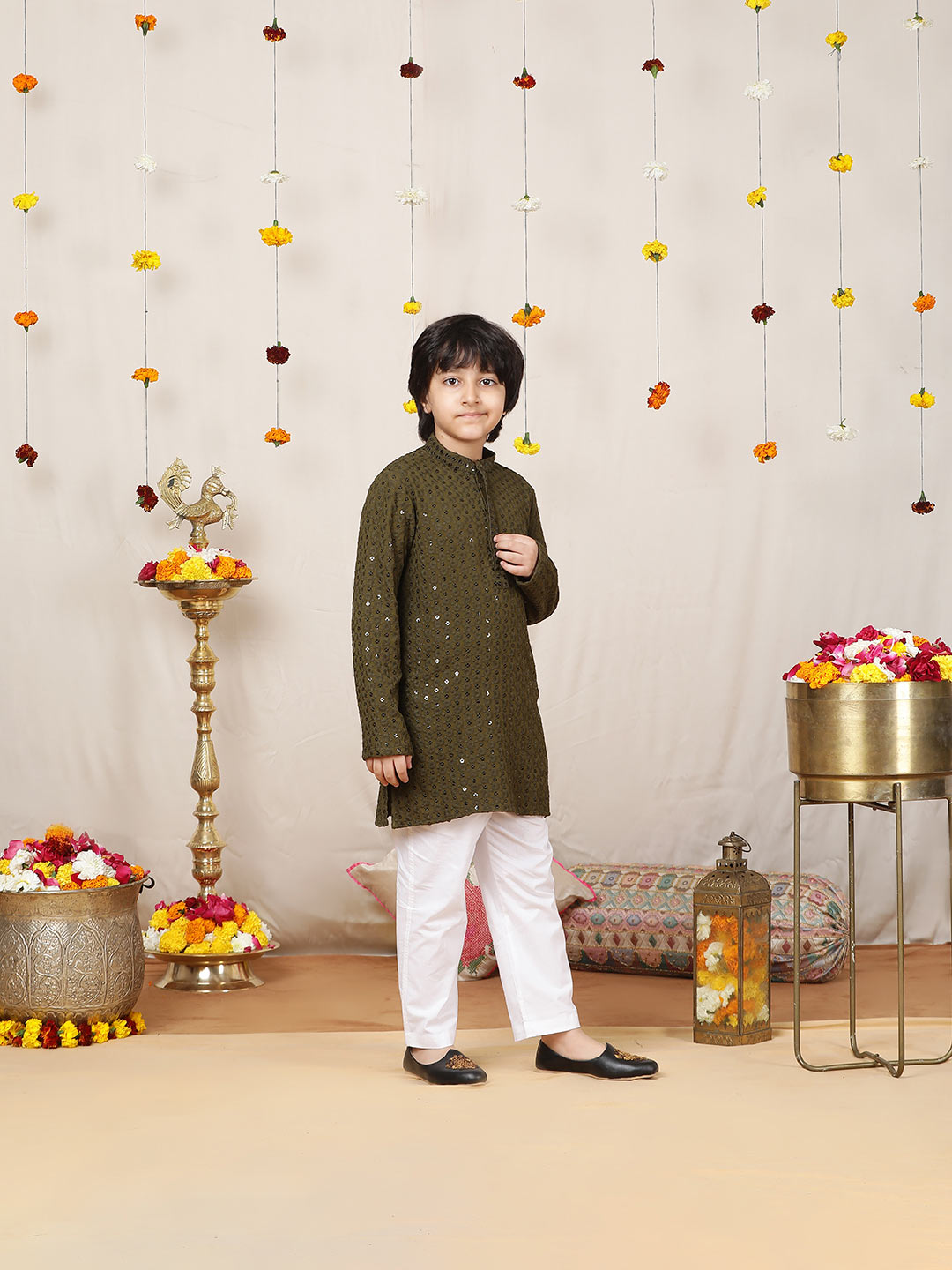 Boy's Olive Sequinned Embroidered Rayon Straight Kurta with Pyjama