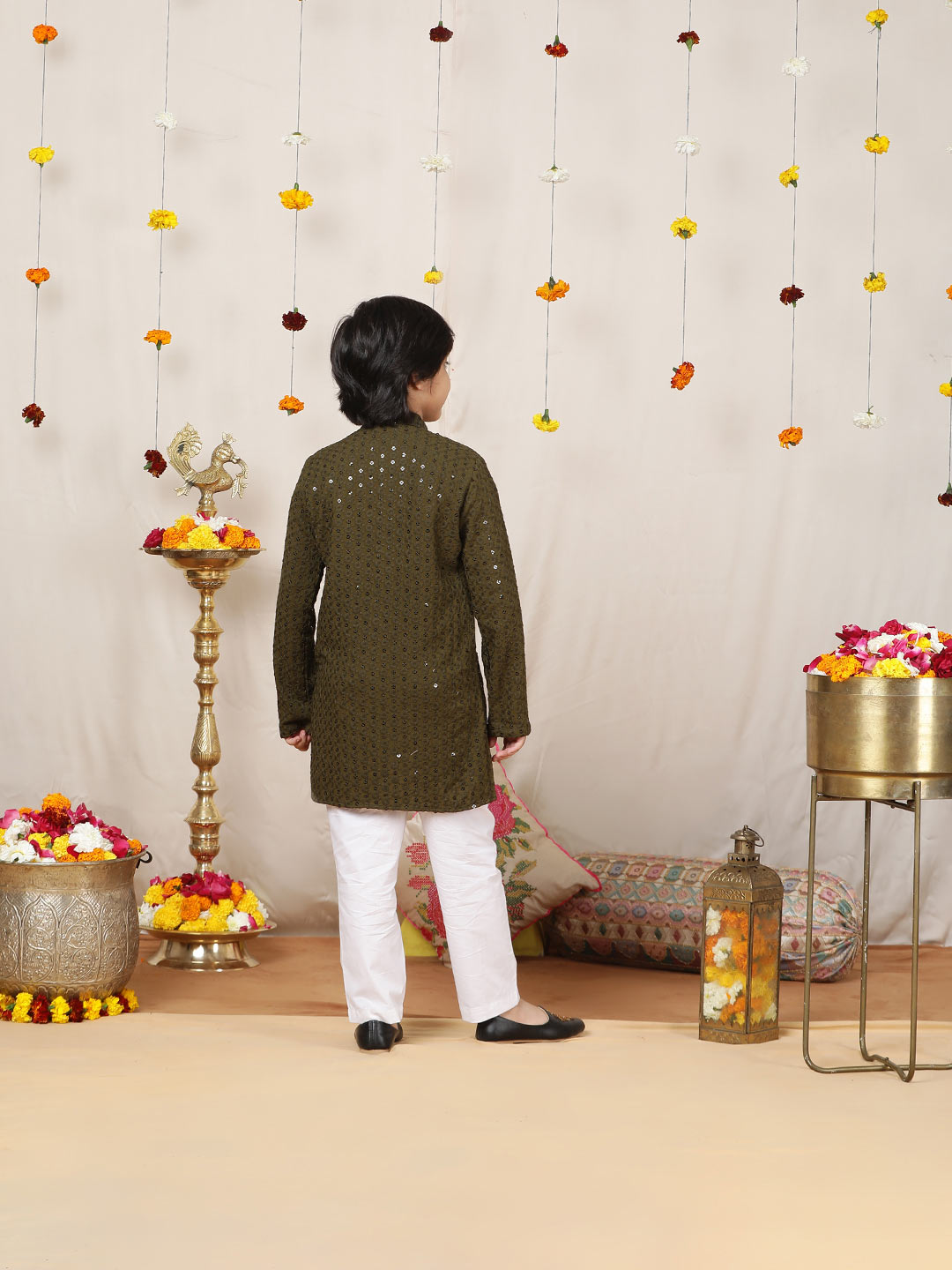 Boy's Olive Sequinned Embroidered Rayon Straight Kurta with Pyjama