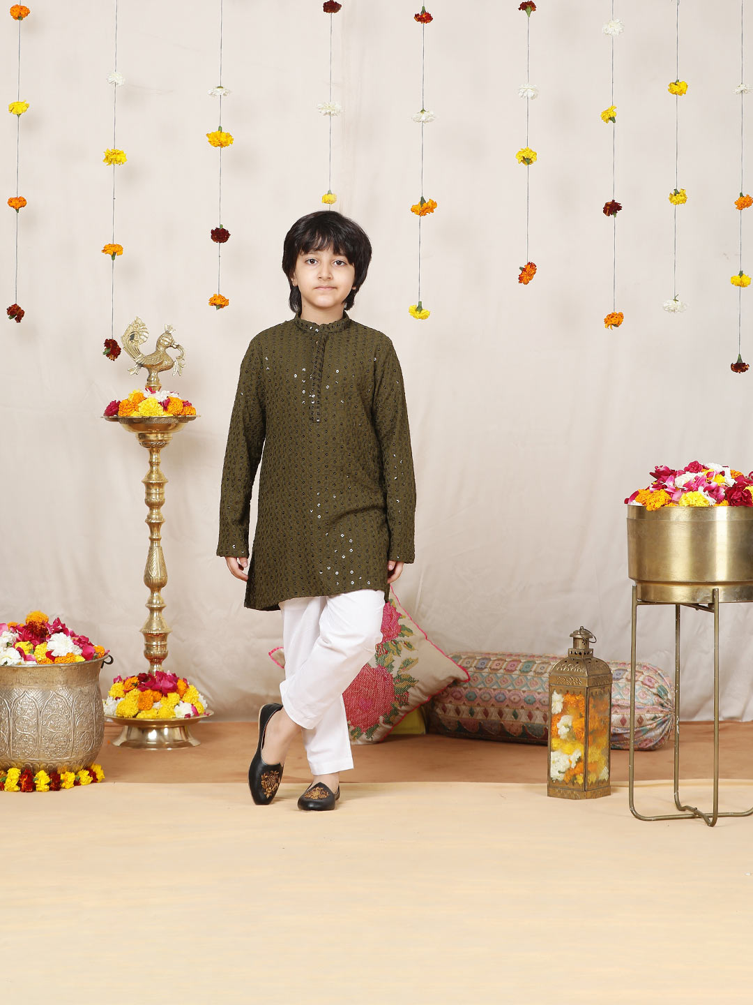 Boy's Olive Sequinned Embroidered Rayon Straight Kurta with Pyjama