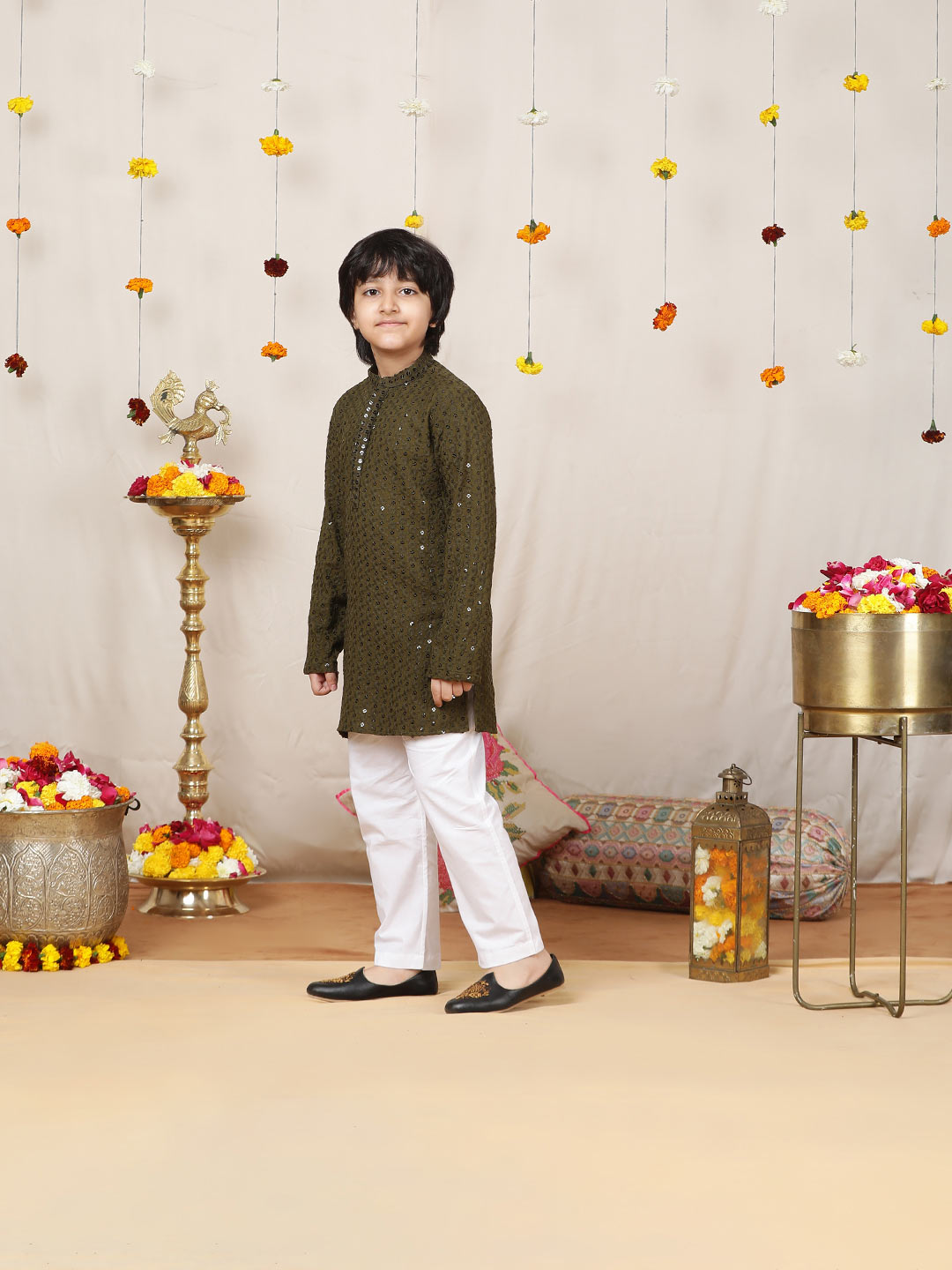 Boy's Olive Sequinned Embroidered Rayon Straight Kurta