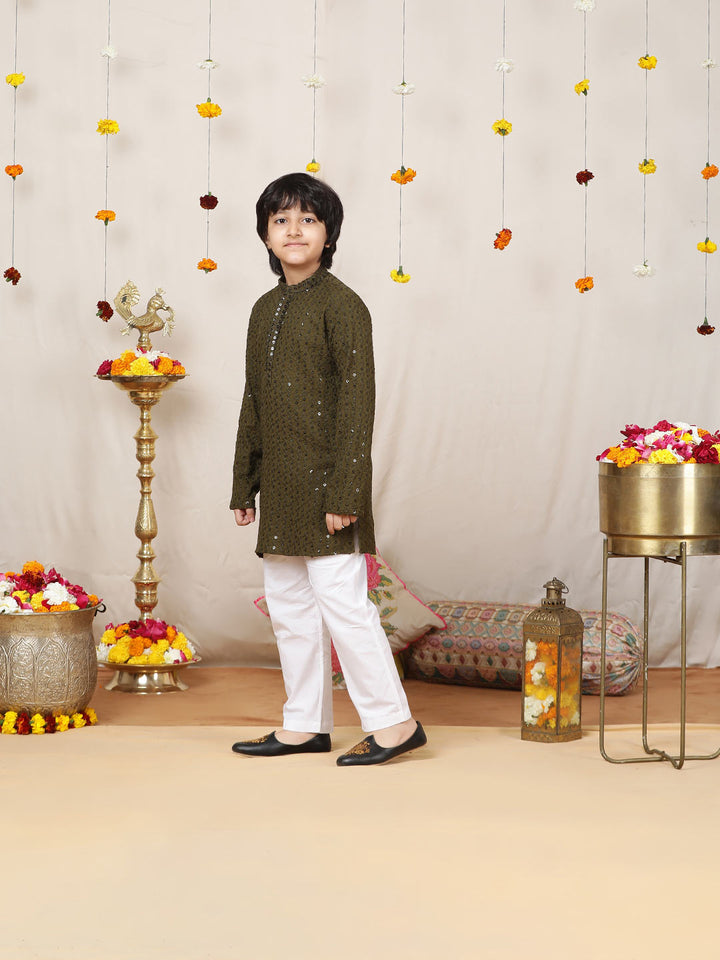 Boy's Olive Sequinned Embroidered Rayon Straight Kurta with Pyjama