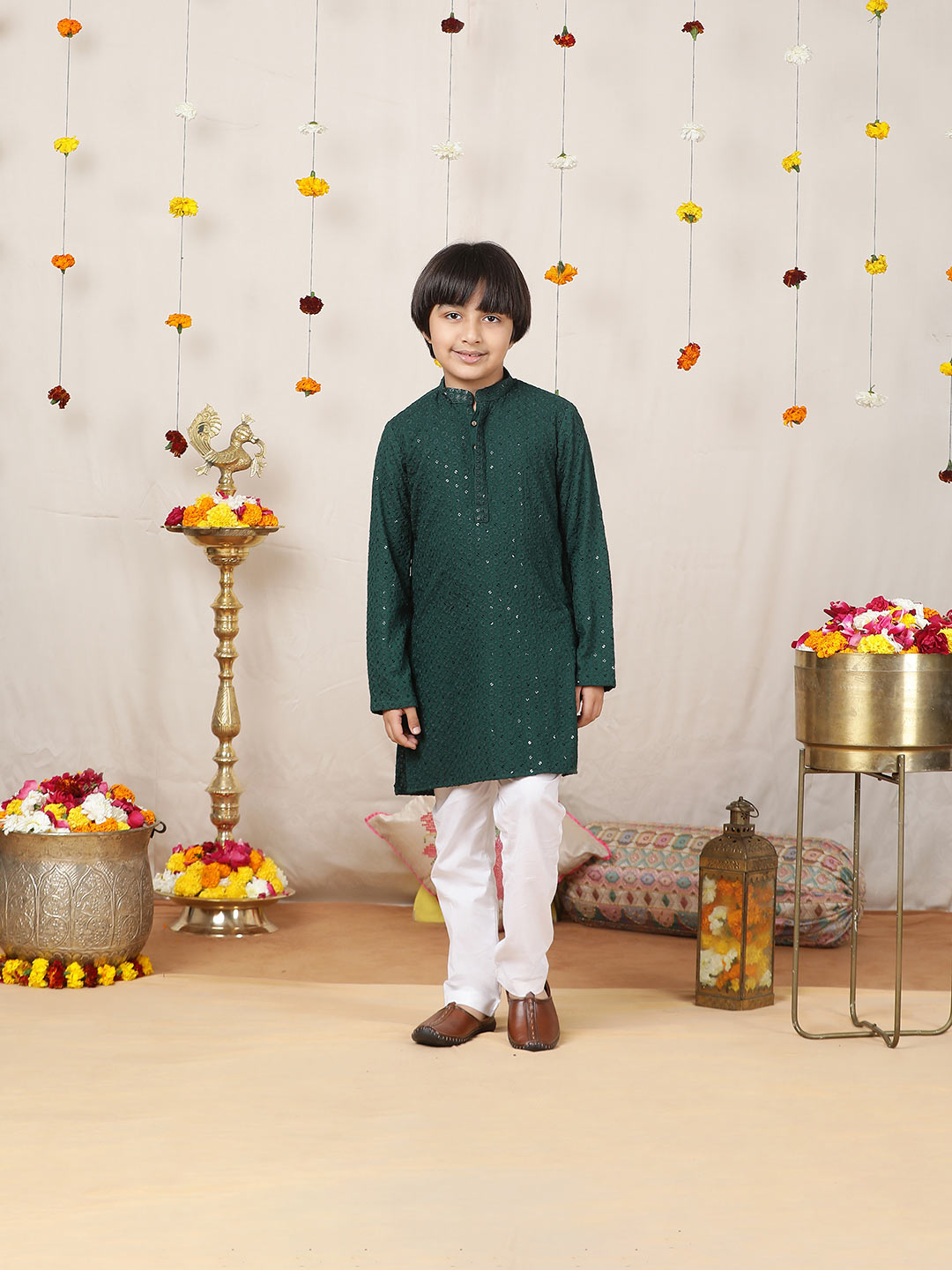 Boy's Green Sequinned Embroidered Rayon Straight Kurta