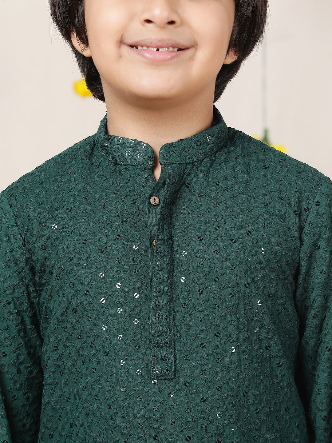 Boy's Green Sequinned Embroidered Rayon Straight Kurta