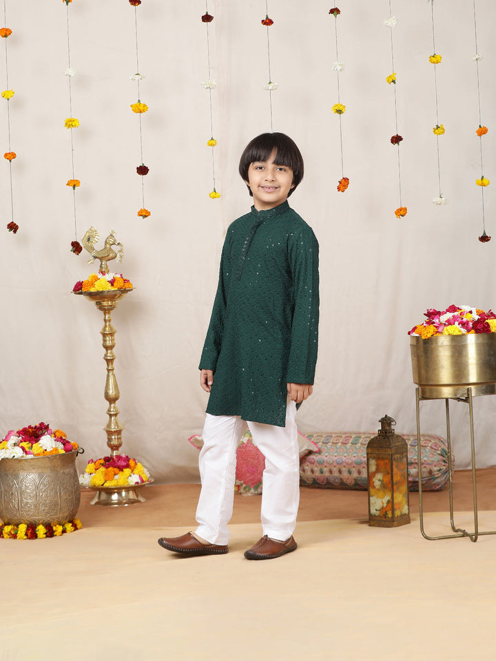 Boy's Green Sequinned Embroidered Rayon Straight Kurta