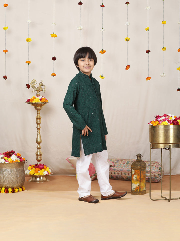 Boy's Green Sequinned Embroidered Rayon Straight Kurta