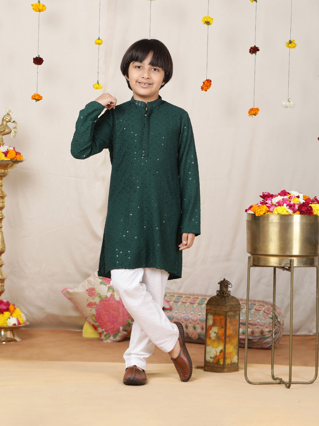 Boy's Green Sequinned Embroidered Rayon Straight Kurta