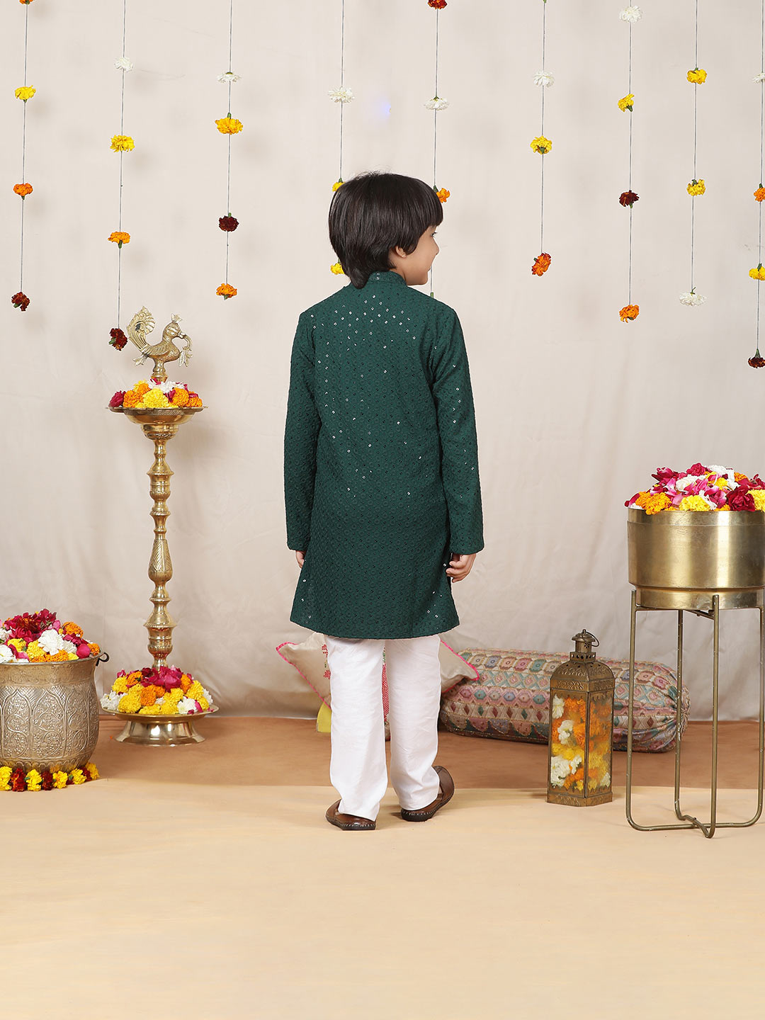 Boy's Green Sequinned Embroidered Rayon Straight Kurta