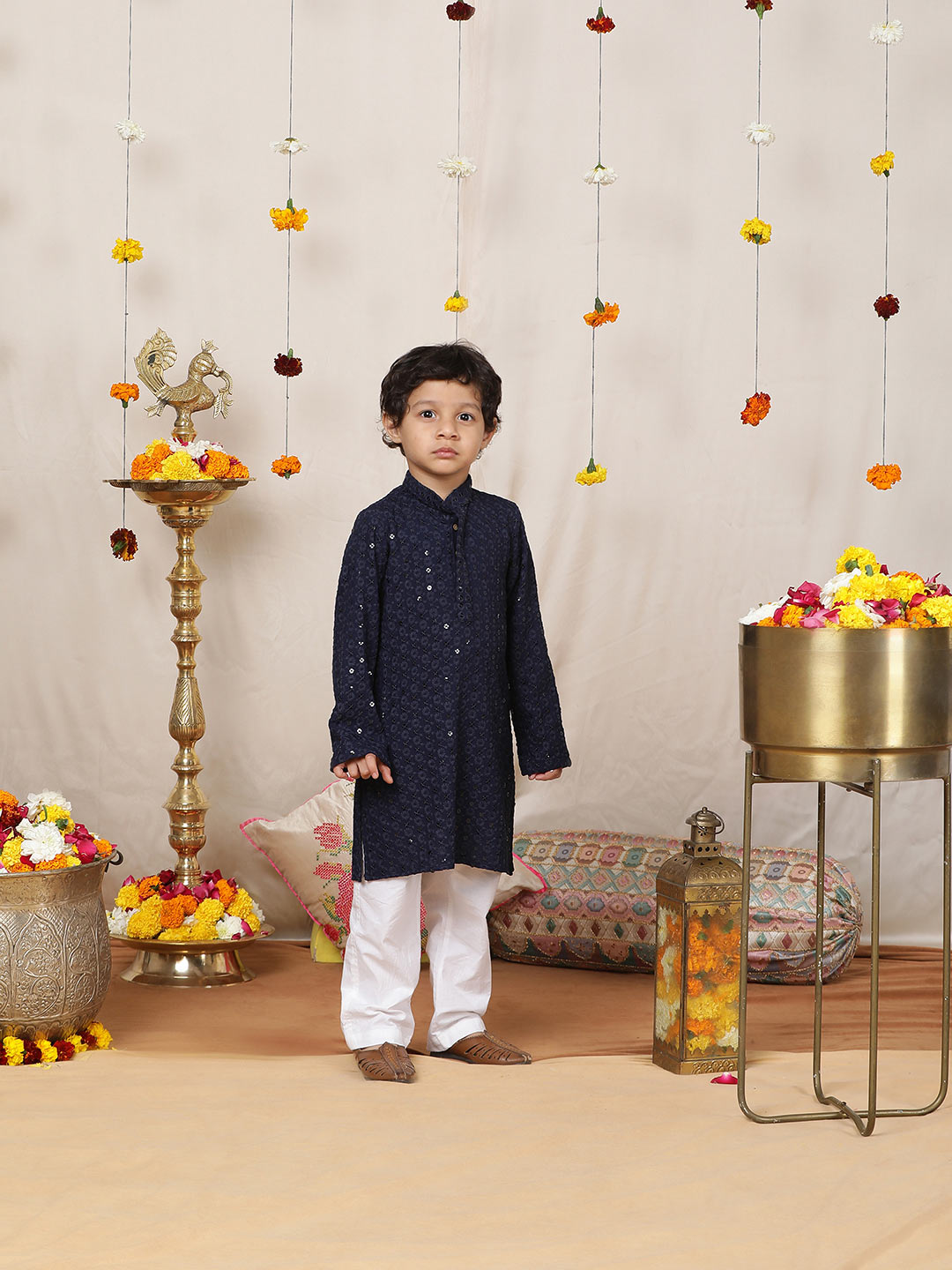 Boy's Dark Blue Sequinned Embroidered Rayon Straight Kurta with Pyjama