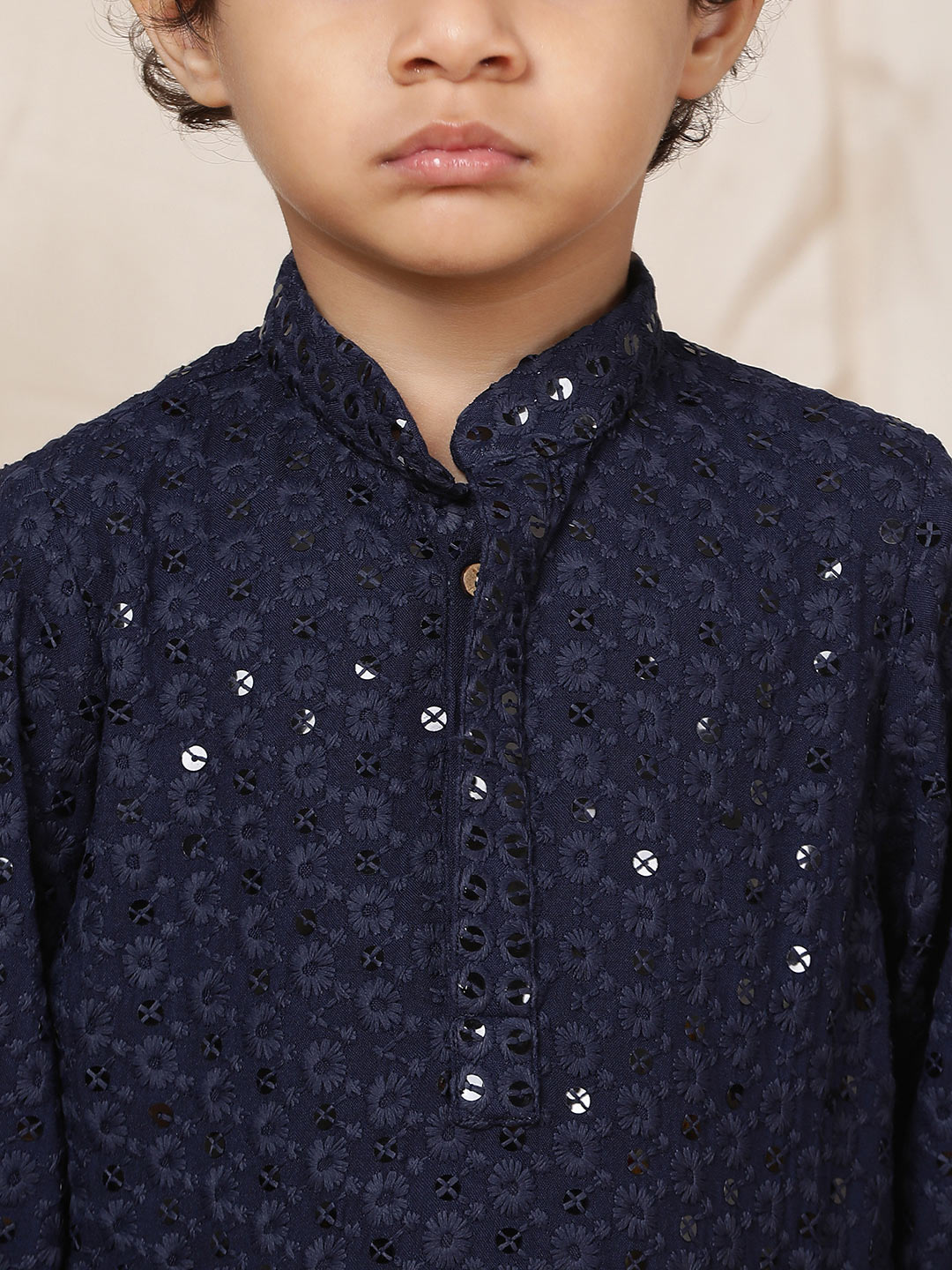 Boy's Dark Blue Sequinned Embroidered Rayon Straight Kurta with Pyjama